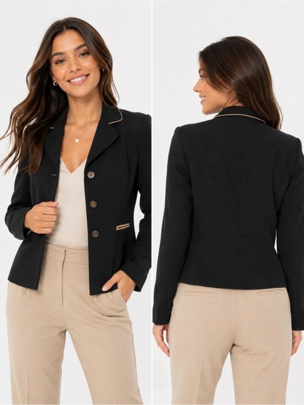 Studio I Black Tailored Blazer with Beige Contrast Trim